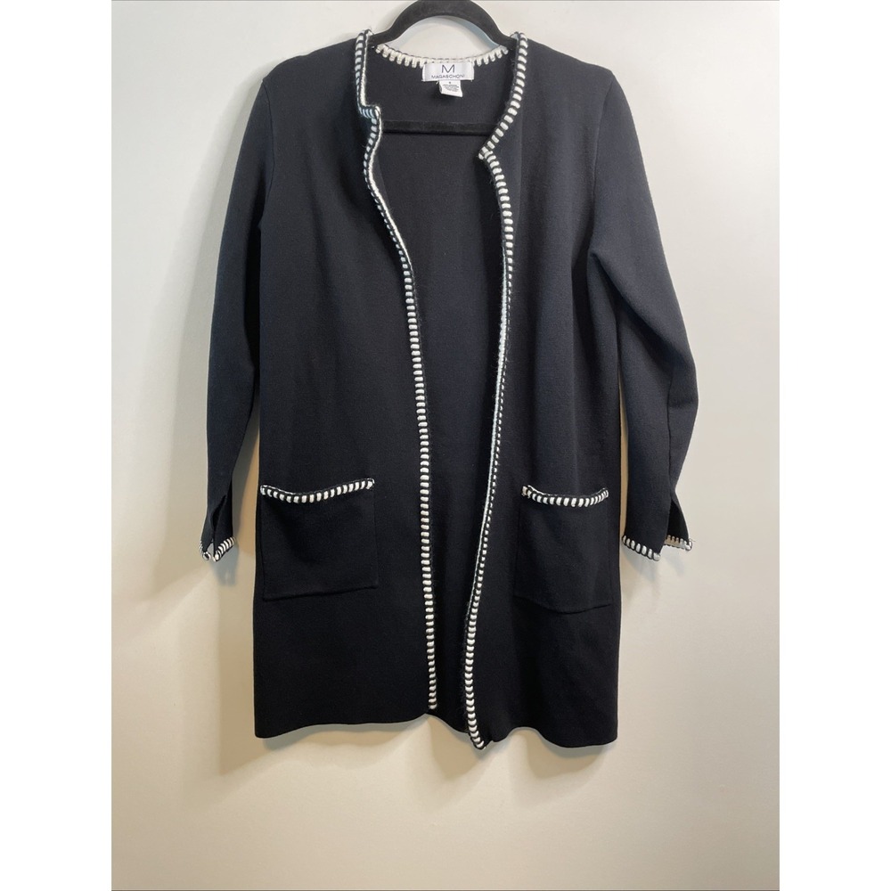 Magaschoni Small Black Open Front Cardigan White Trim Pockets Sweater